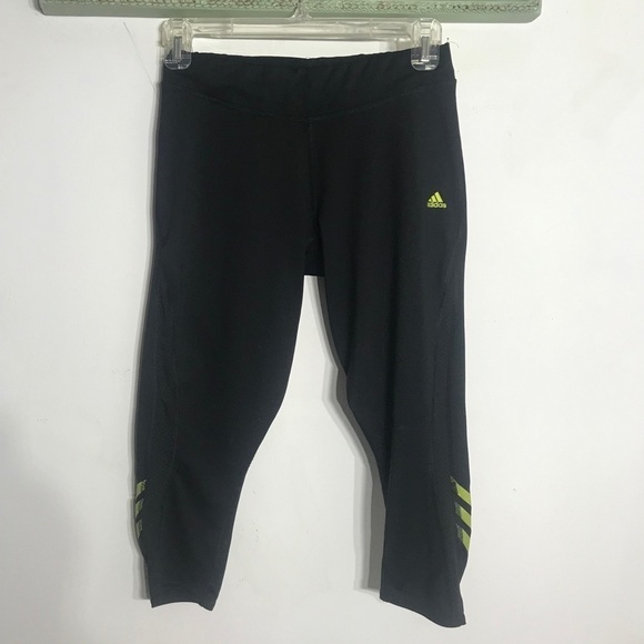 Adidas Black & lime cropped stripe legging active wear pants small - Picture 2 of 8